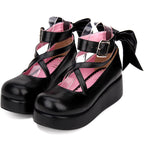 Daily Lolita Leather Shoes Platform Medium Heel Big Bow Shoe - image 1