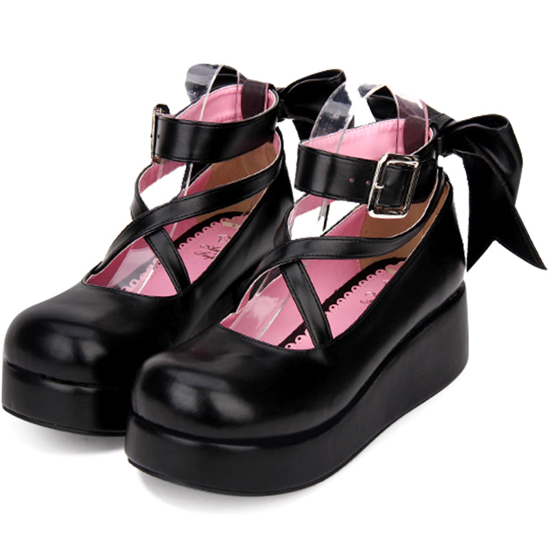 Daily Lolita Leather Shoes Platform Medium Heel Big Bow Shoe - image 1