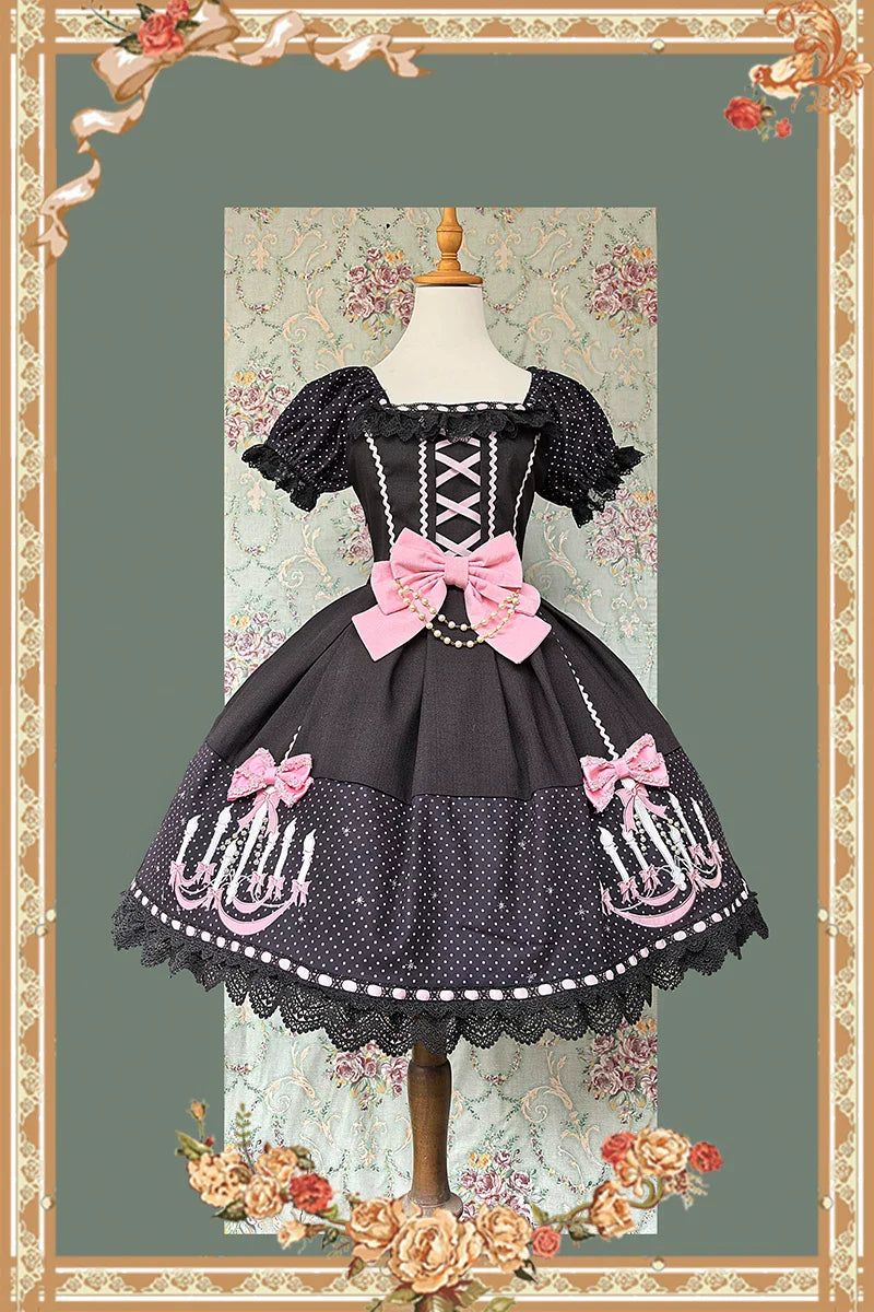 Chandelier - Old School Lolita OP Dress, Polka Dot, Chandelier Print and Accessories - image 3