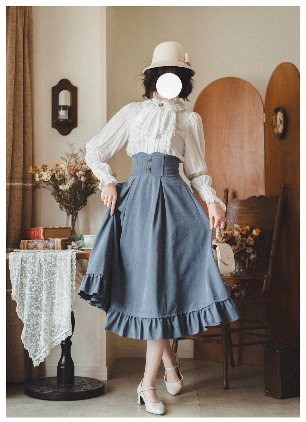 Classic Lolita A-Line Skirt, Button-Front Vest and White Blouse - image 15