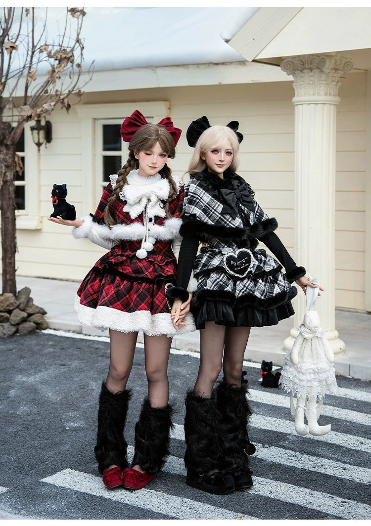 Snow Night Serenade - Fluffy Plaid Kawaii Lolita JSK, Reversible Cape and Accessories - image 20