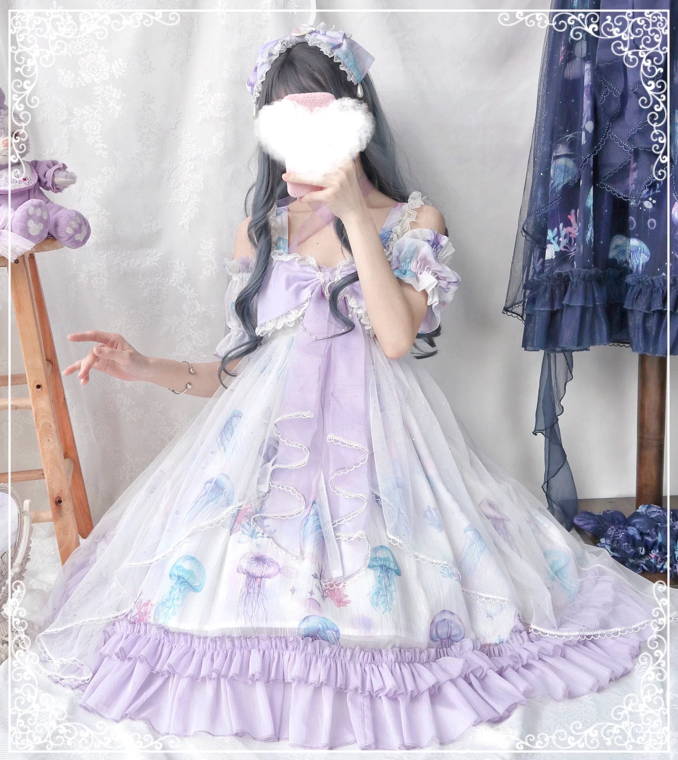 Coral Jellyfish - Sweet Lolita High-waist JSK Dress, Jellyfish & Coral Print and Accessories - image 32