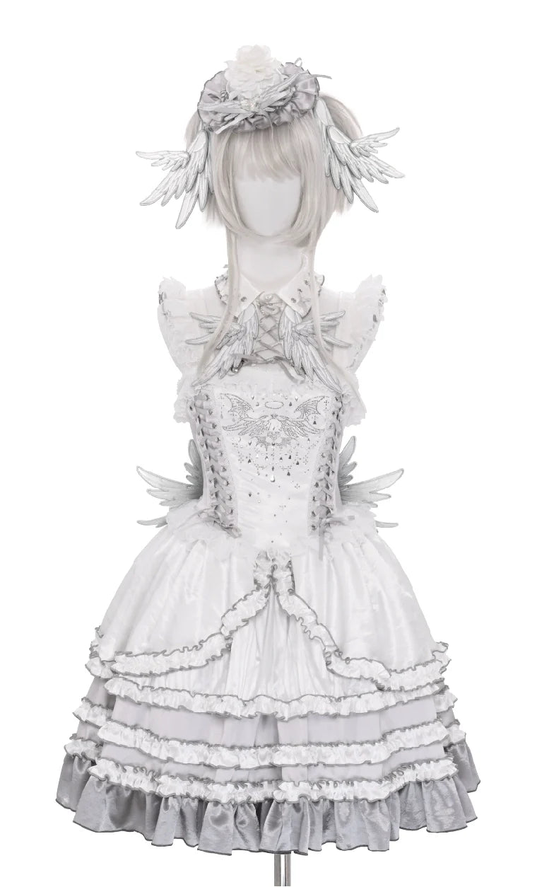 Metallic Angel - Silver-white Punk Lolita JSK, Wing and Rhinestone Details - image 31