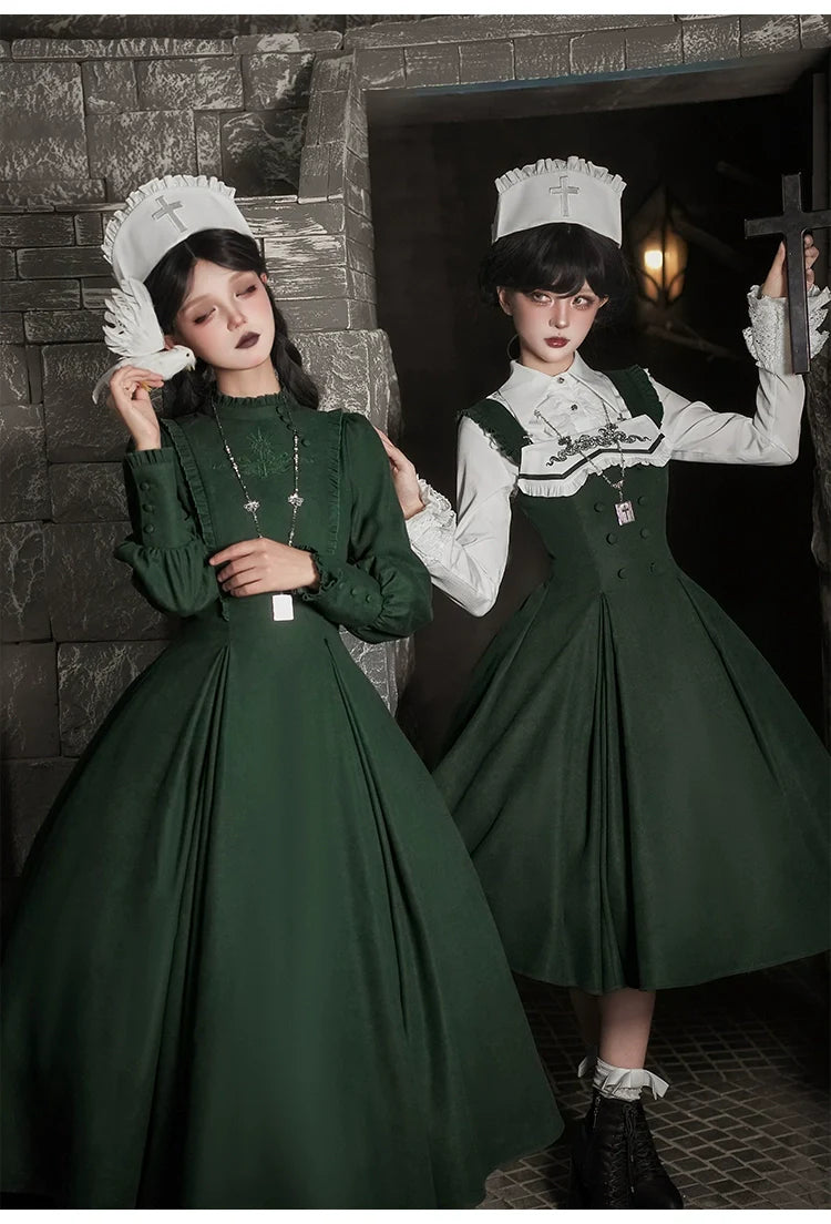 Abyss Clinic - Gothic Lolita Green Dress Set, Embroidery Accent - image 20