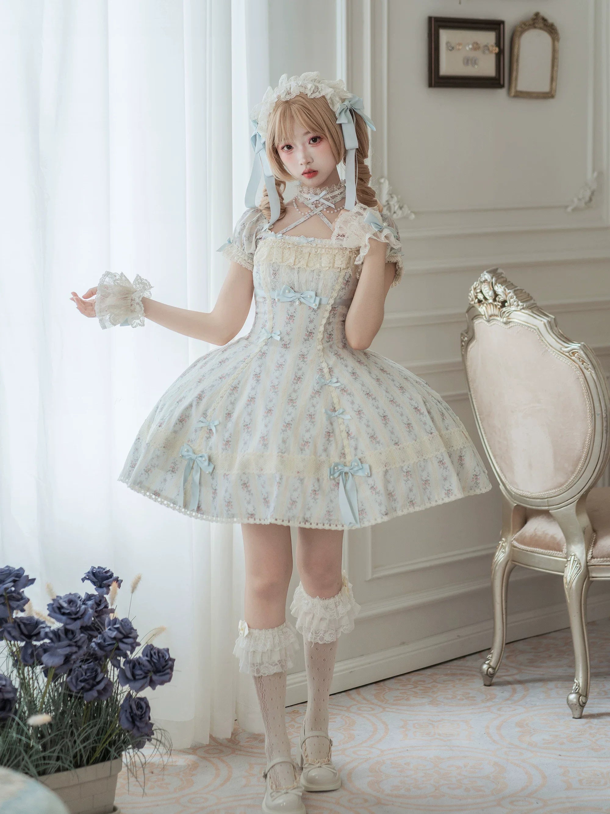 Garden Encounter of Three Springs - Cotton Old School Lolita Floral Print OP, Lace Back Opening and Accessories - image 17