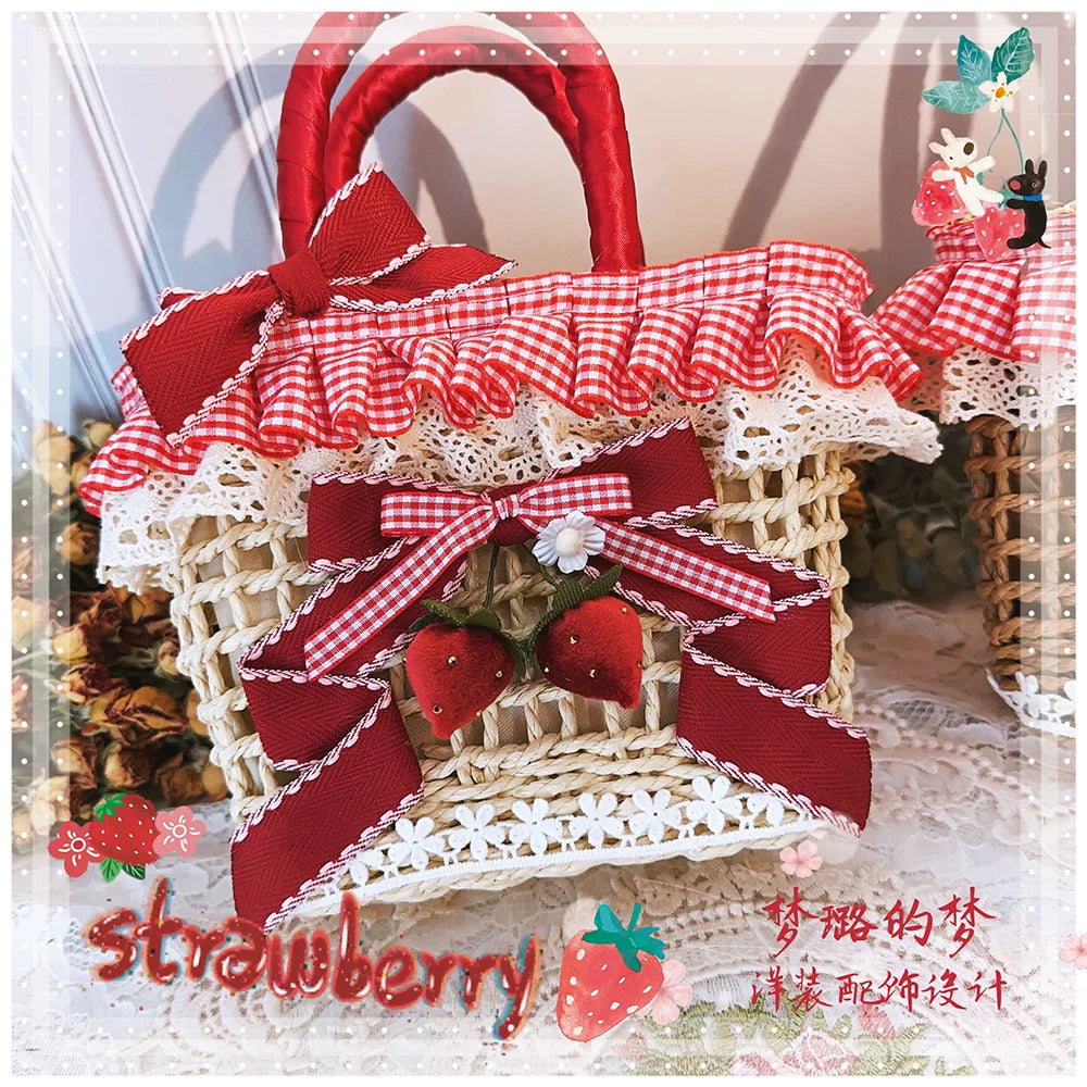 Country Lolita Straw-Woven Bag, Strawberry Accent - image 5
