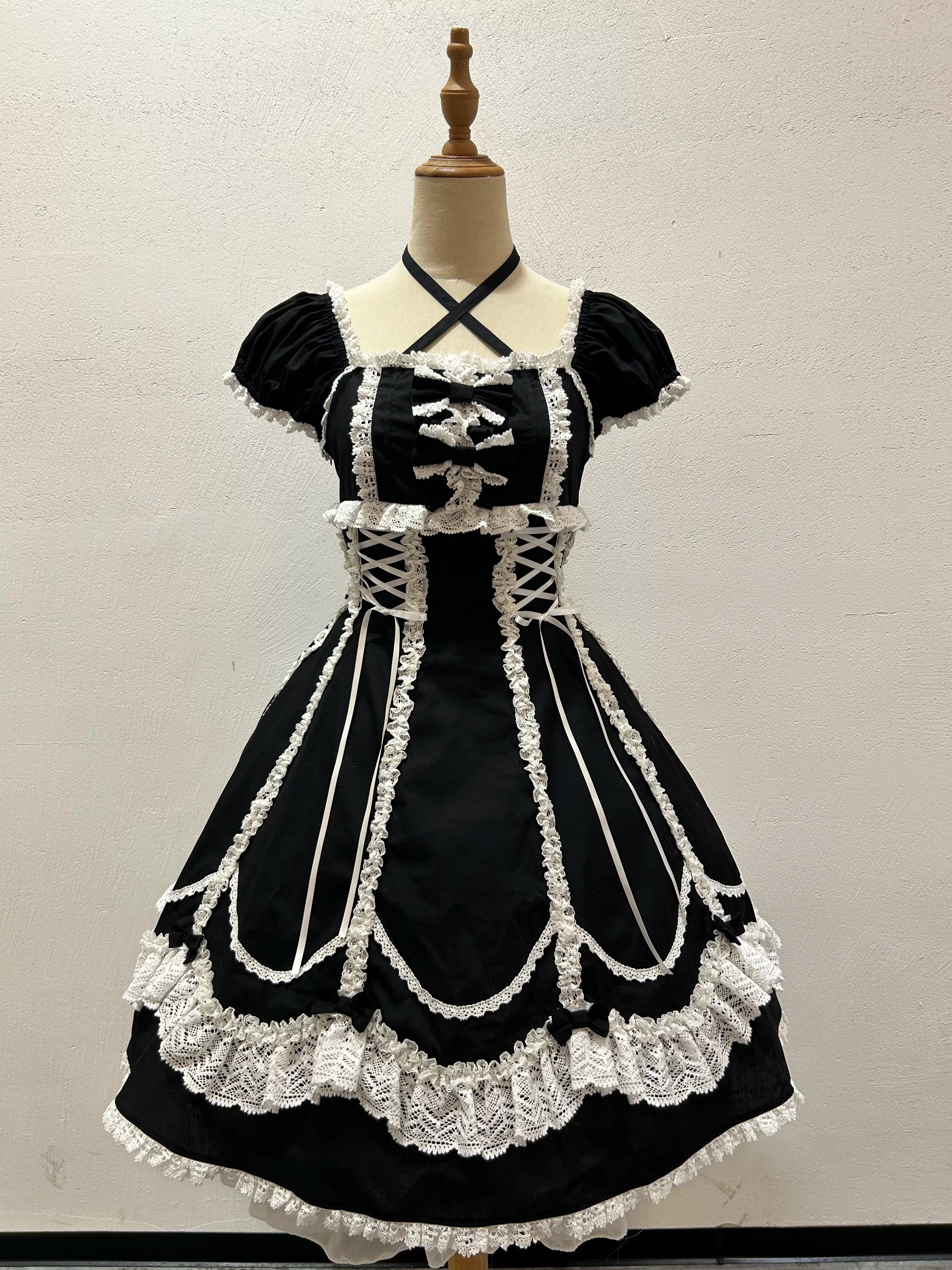 Cotton Old School Lolita Lace OP Dress, Three-tiered Back and Accessories - image 2