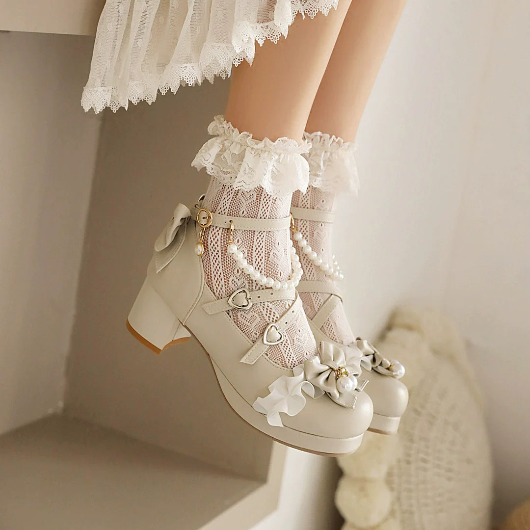 Round Toe Sweet Lolita Shoes, Detachable Pearl Chain - image 7