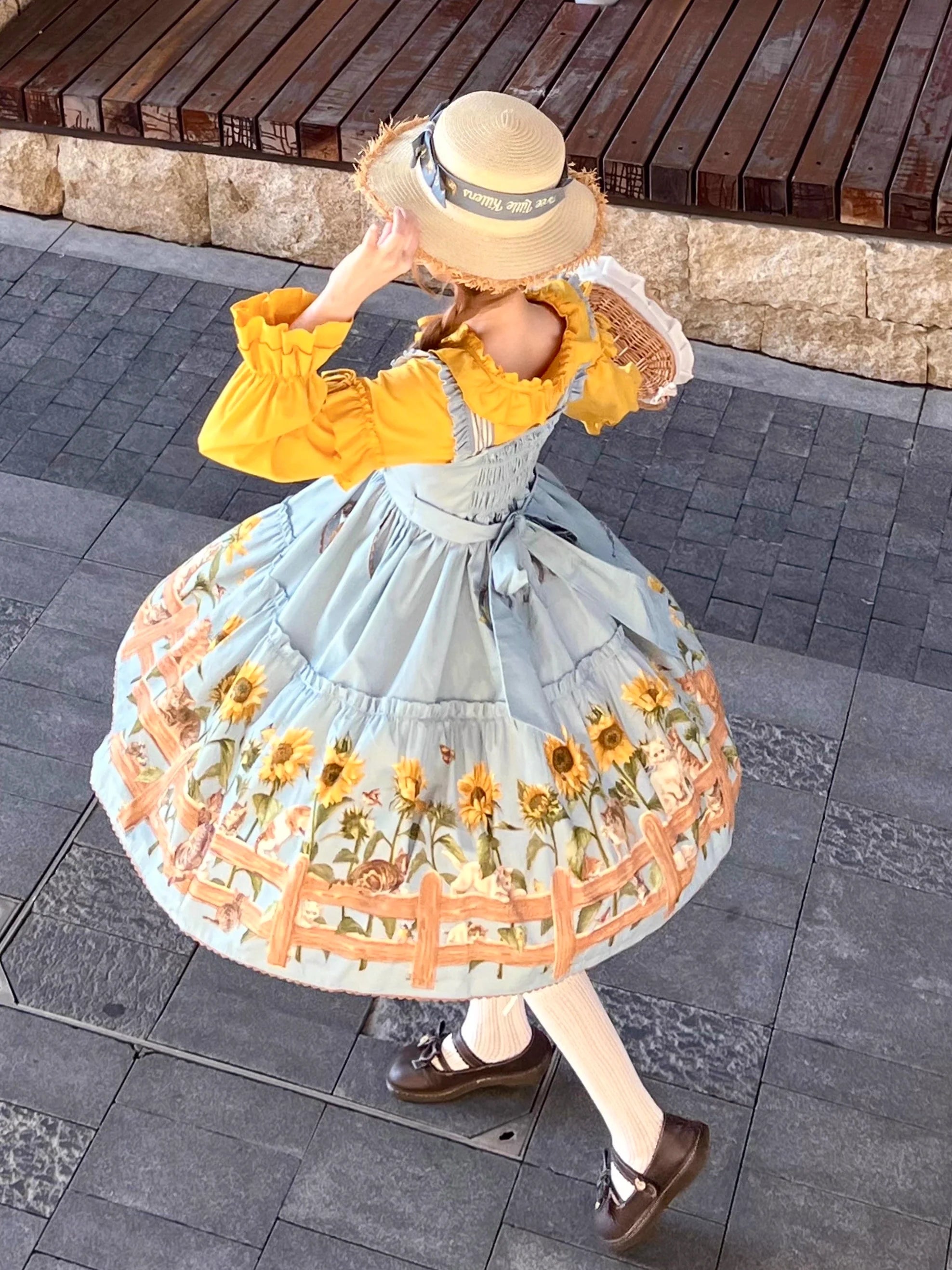 Cat and Sunflower - Sweet Lolita JSK, Cat and Sunflower Print - image 6