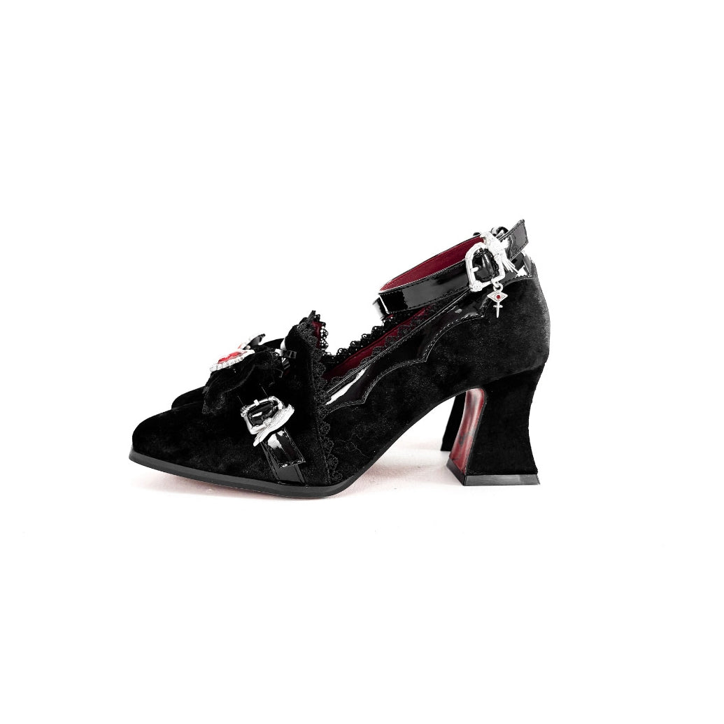 Night Banquet - Gothic Lolita Square-Toe Shoes with Ruby Bow - image 12