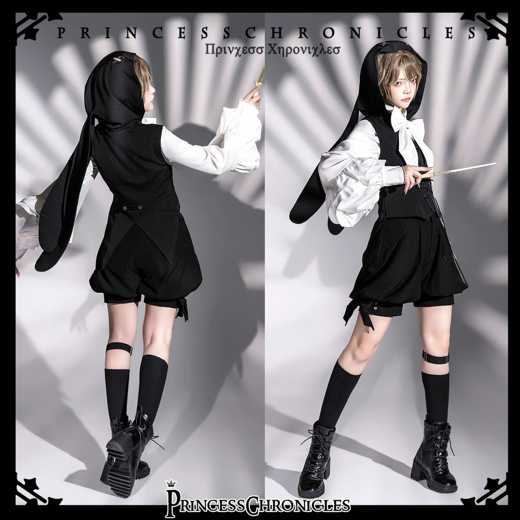 Rabbit Feather - Black Ouji Lolita Vest Shorts Suit Prince Cloak Set - image 3