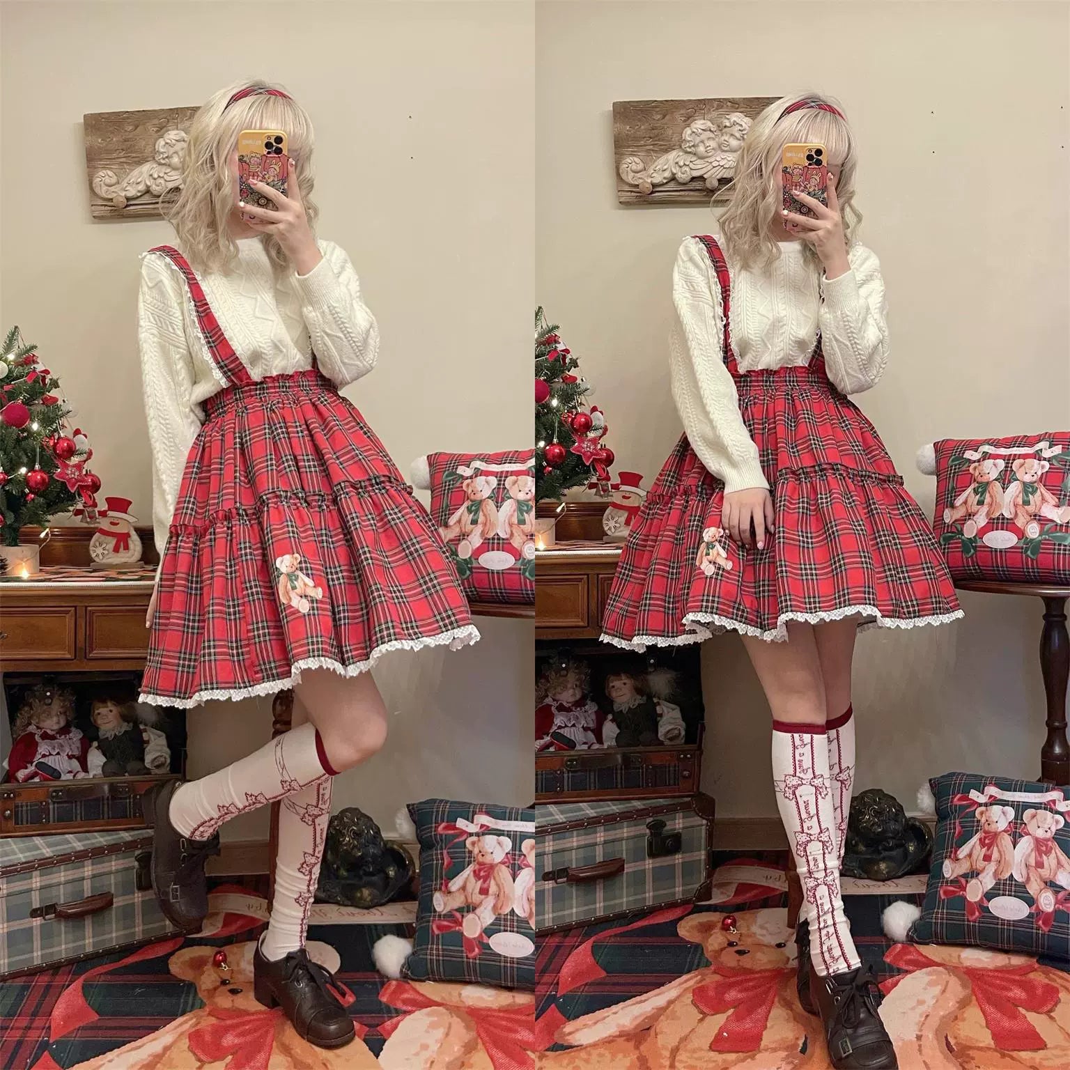 Christmas Vintage Lolita Skirts Doll Collar Blouse Plaid Skirt Set - image 14