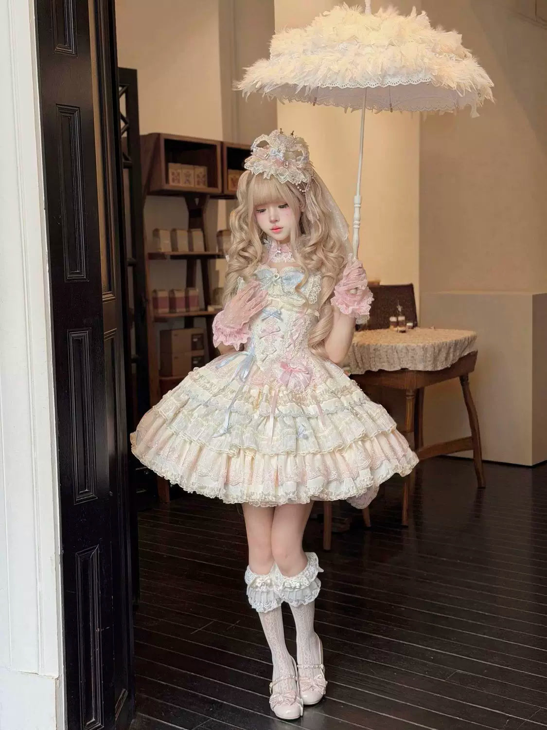 Cloud Whale Dream - Sweet Lolita Corset JSK Dress, Tiered Hem & Bows - image 10