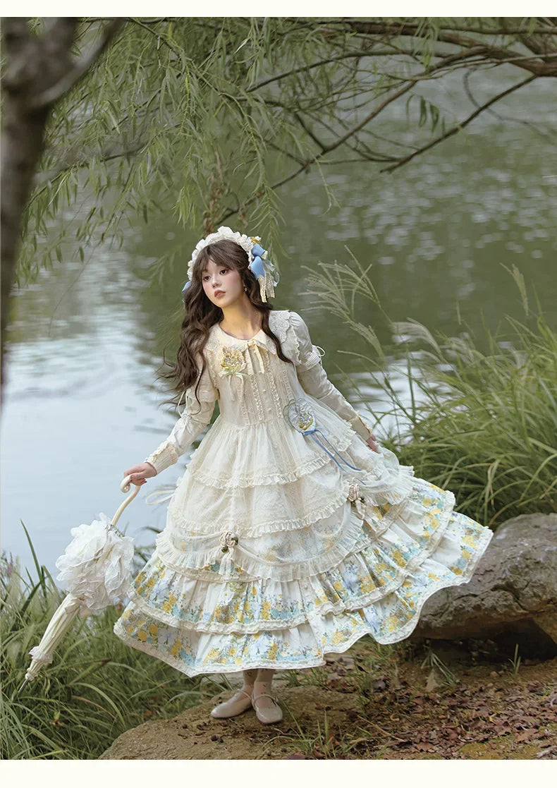 Flower Rabbit Bear - Country Lolita Tiered Skirt Dress, Floral & Bear Print and Accessories - image 10