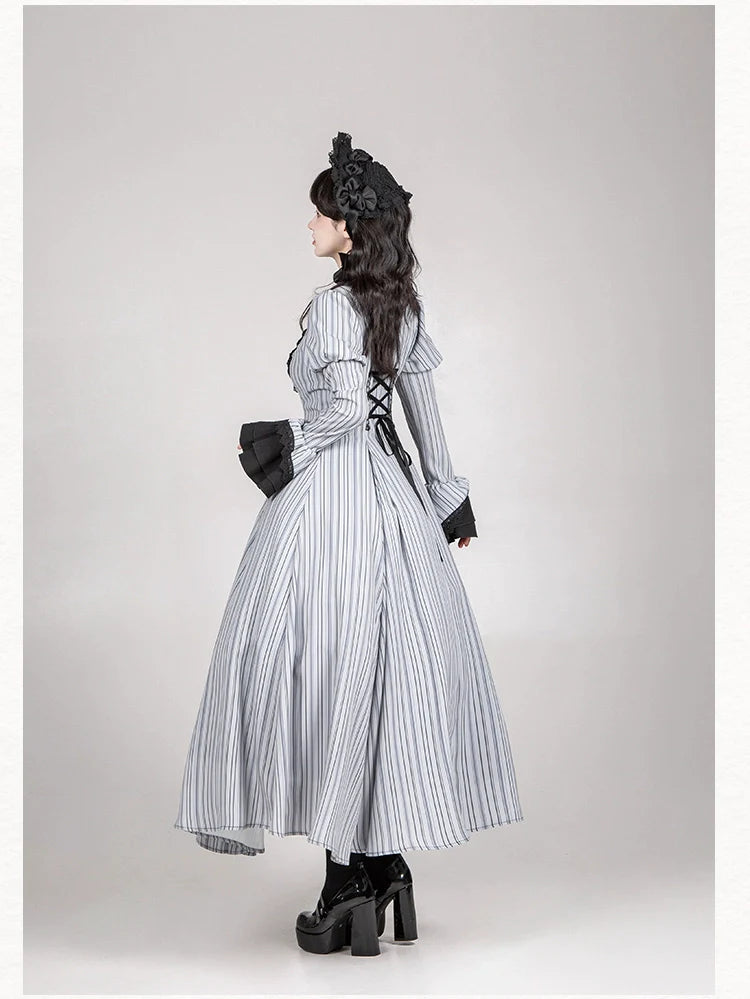 Nocturne SP - Striped Gothic Lolita OP Twin Lolita Dress with Apron and Accessories - image 27