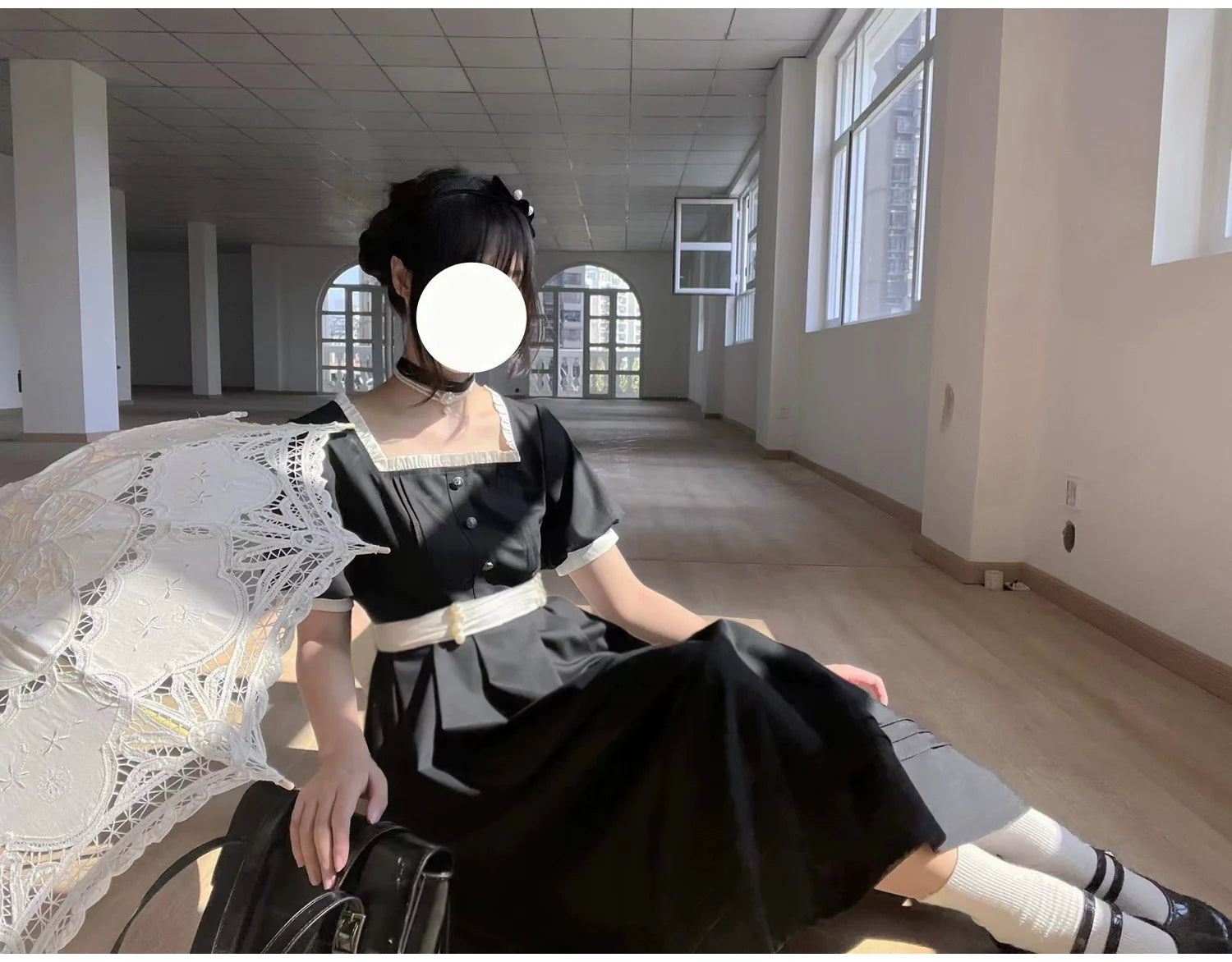 Thoughts - Vintage Black Lolita OP Dress with Square Neckline - image 16