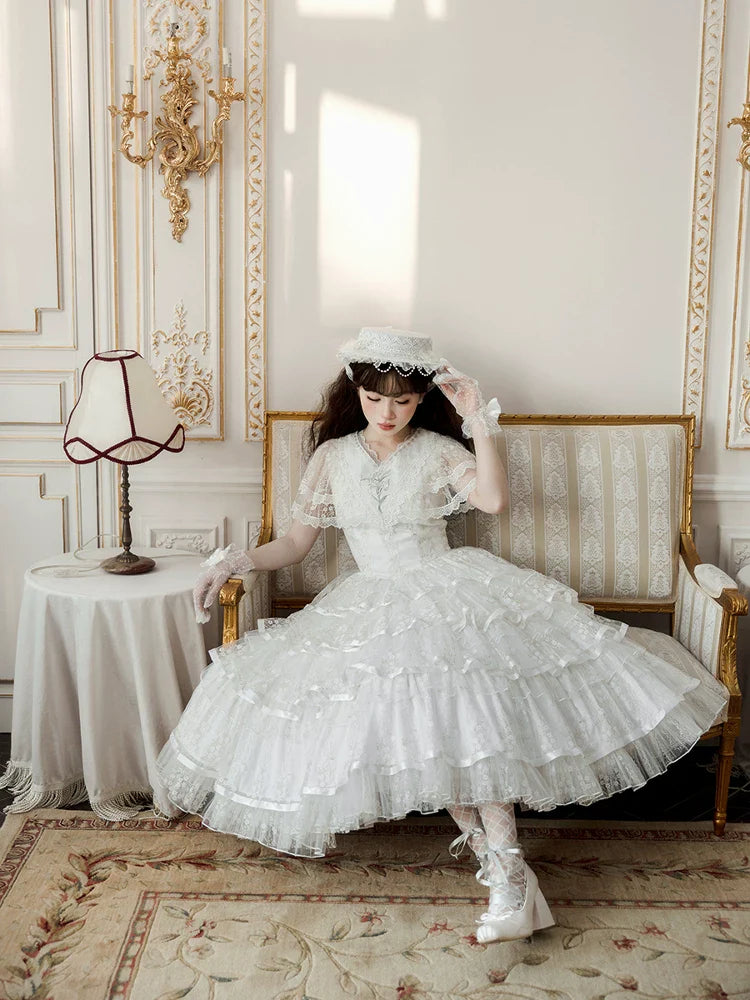 Morning Dew Lily - White Classic Lolita OP Dress, Tiered Skirt - image 4