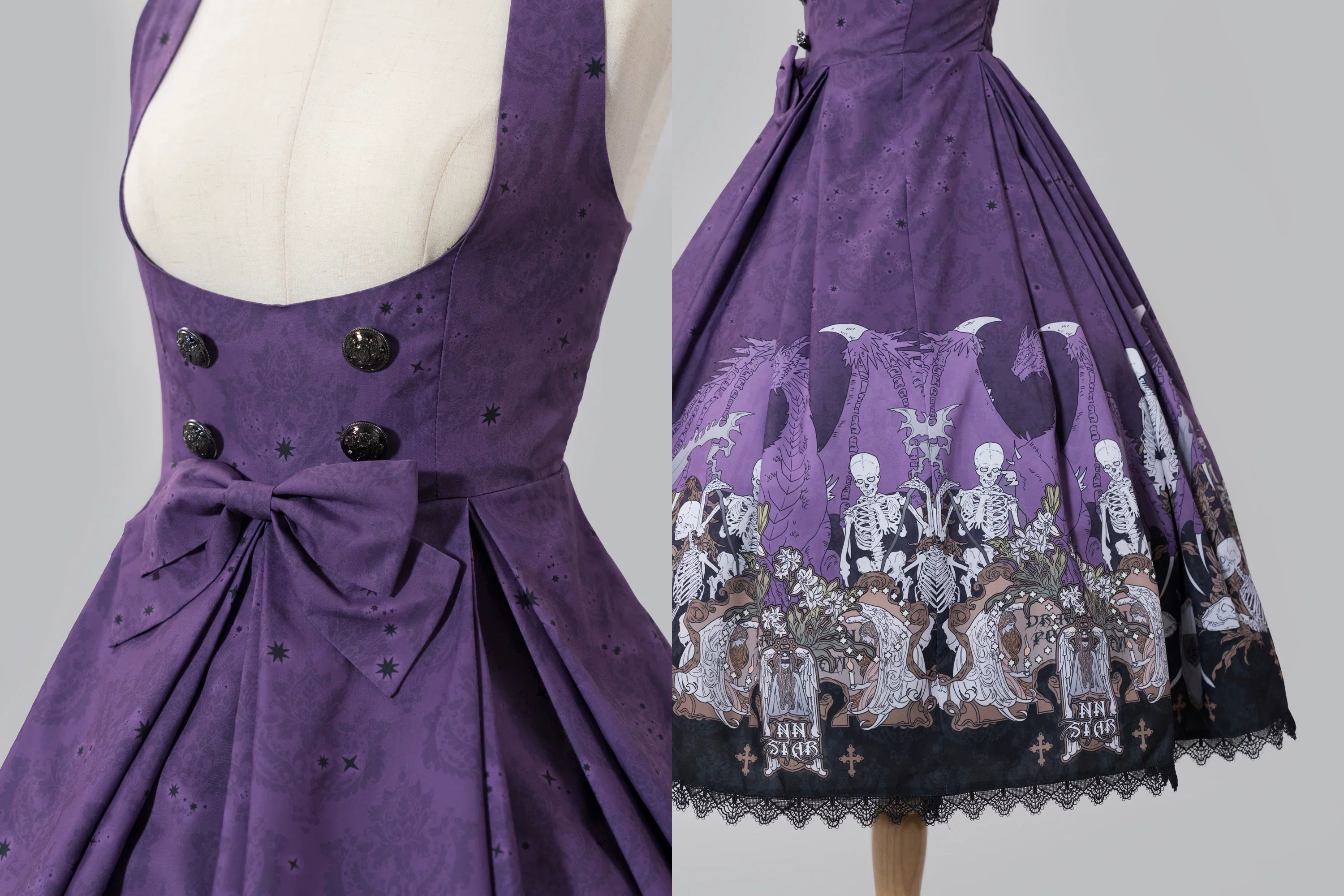 Dragon Bone Lily - Vintage Gothic Lolita Dragon & Skeleton Print JSK Dress and Accessories - image 14