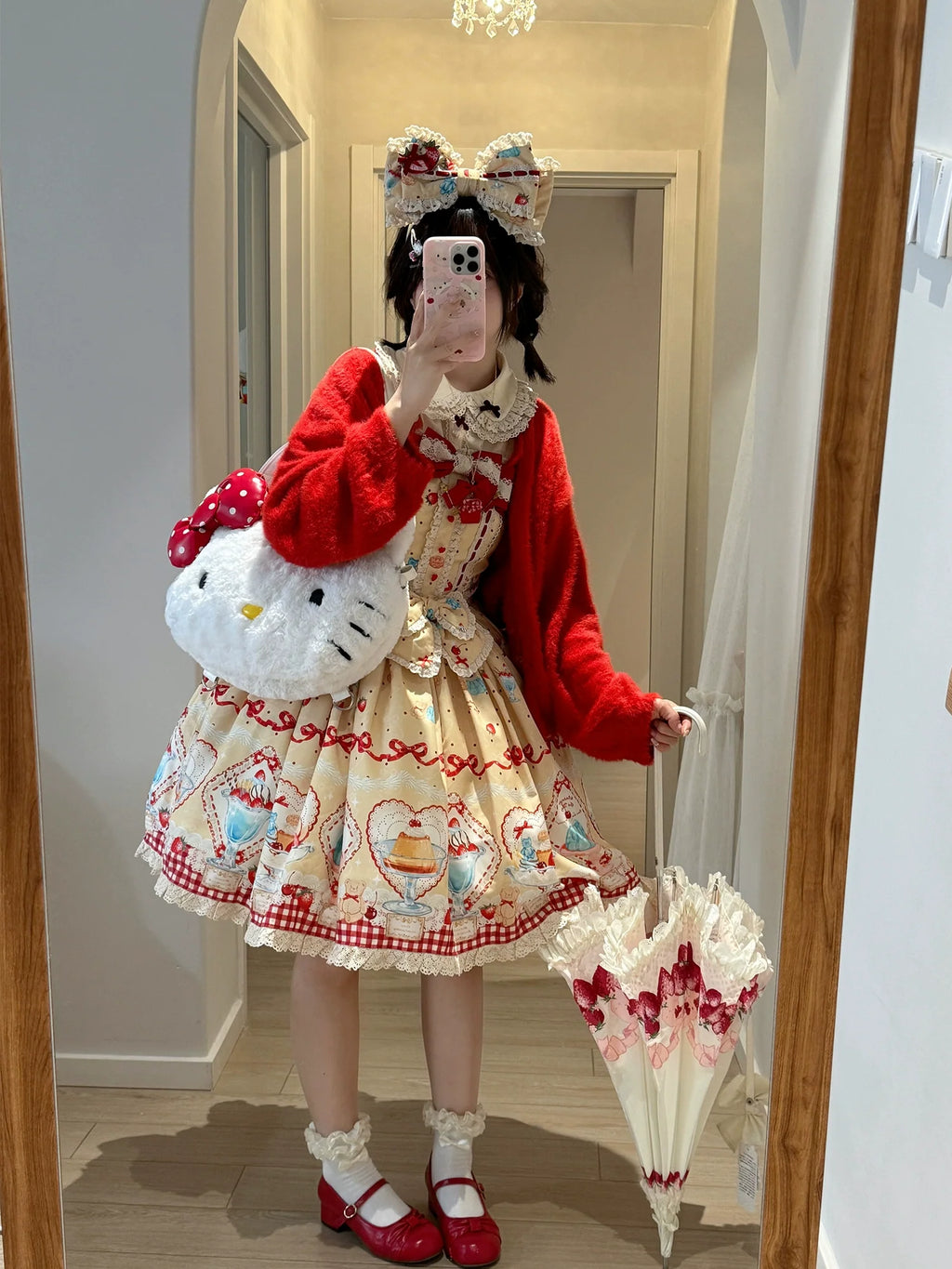 Showa Dessert Showcase - Kawaii Lolita JSK/Salopette Dress Suit, Pudding-Inspired - image 8