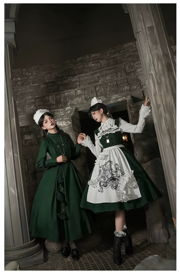 Abyss Clinic - Gothic Lolita Green Dress Set, Embroidery Accent - image 19