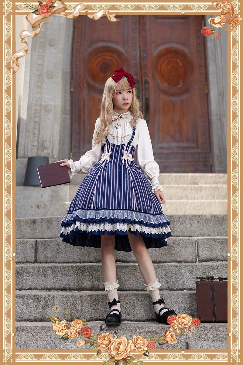 Elegant Lolita Stripe High-waist Jumper Dress Set and Cape - image 1