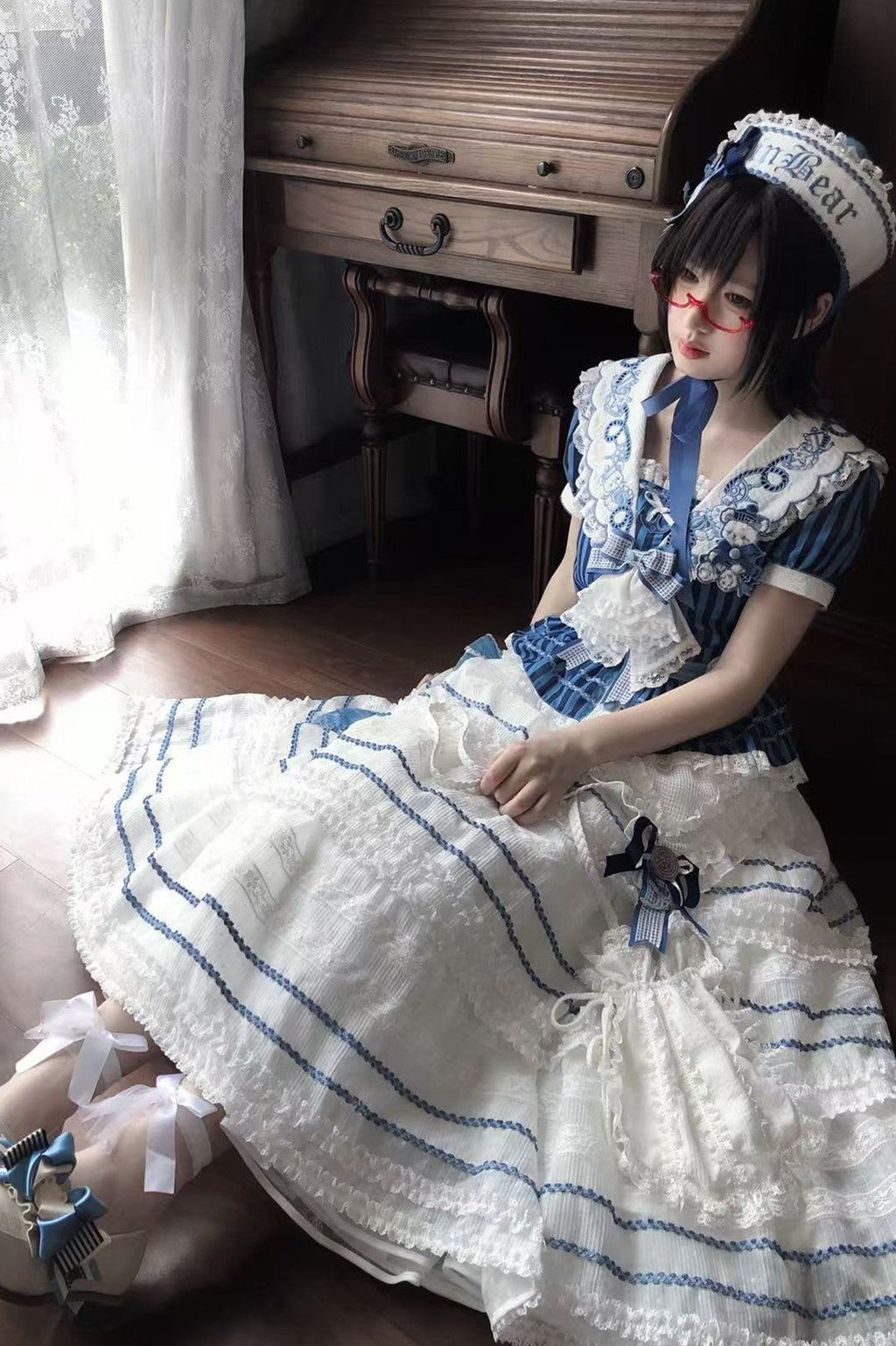 Antique Sailor Bear Blue Stripe Cropped Top Long Skirt Lolita Set - image 17