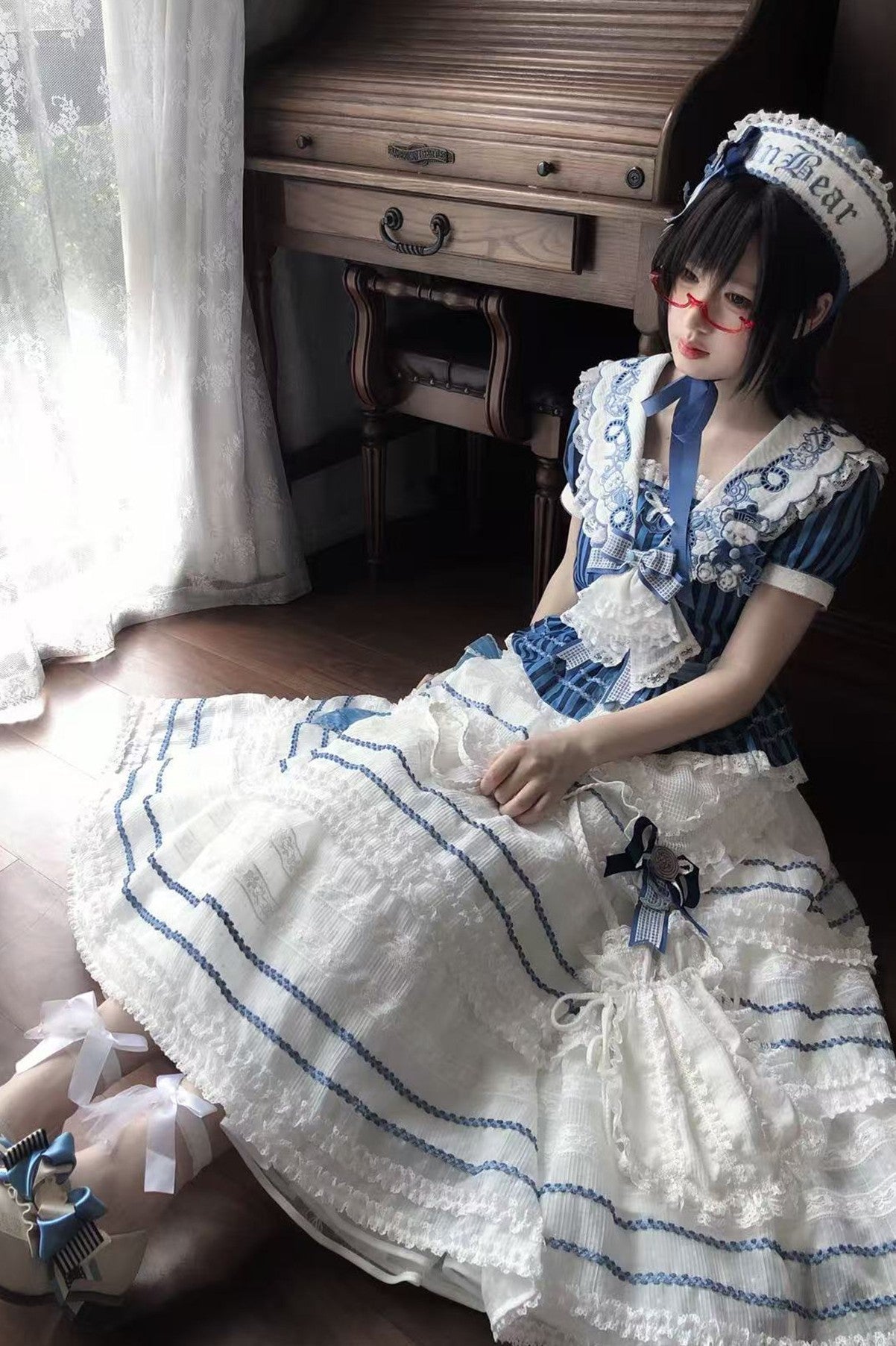 Antique Sailor Bear Blue Stripe Cropped Top Long Skirt Lolita Set - image 17