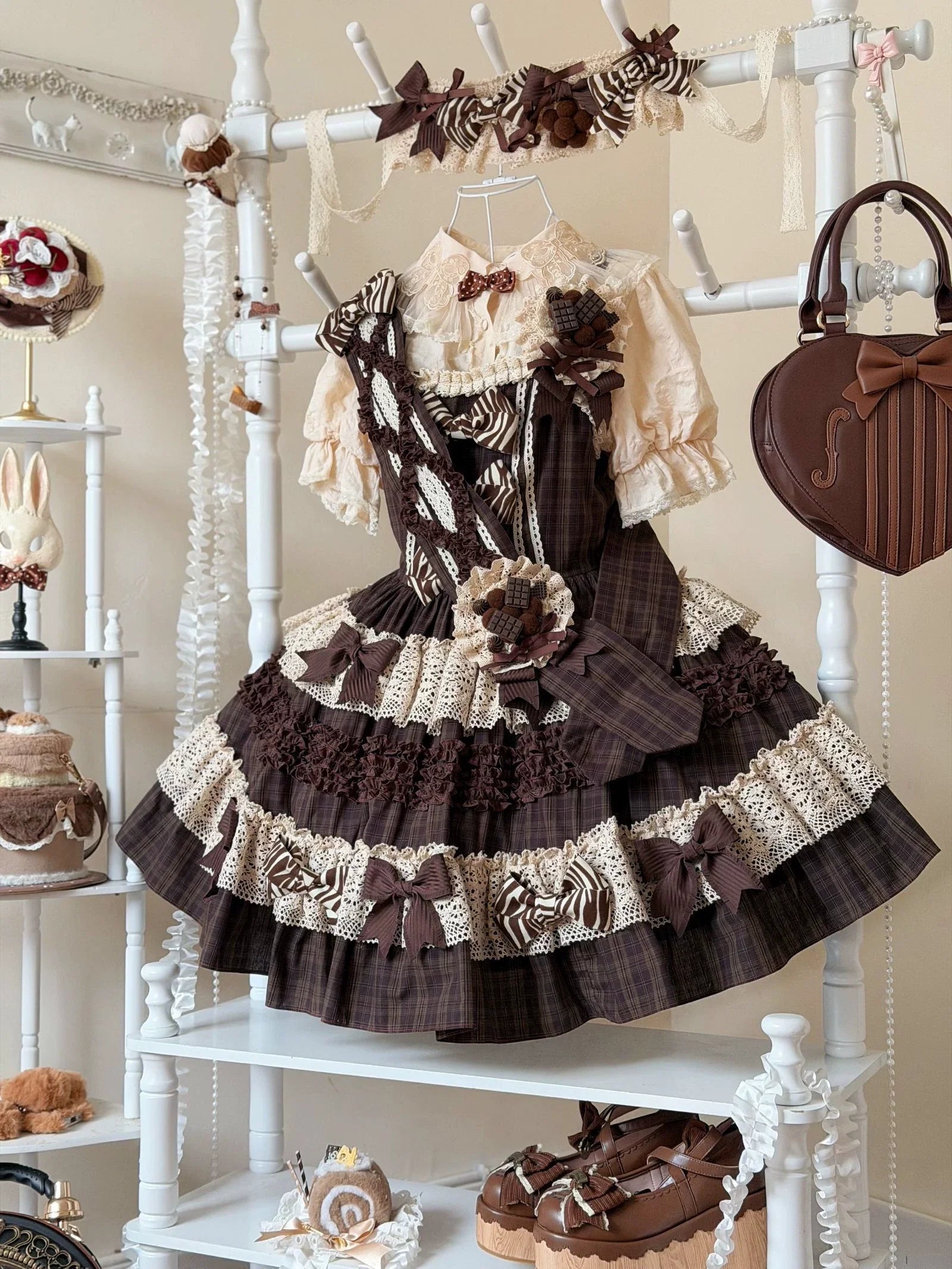 Coco Grace - Plaid Kawaii Lolita JSK Dress, Layered Ruffle & Bow and Accessories - image 16