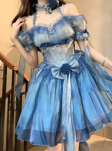 Elegant Gradient Dark Blue Lolita Prom Dress Set - image 6