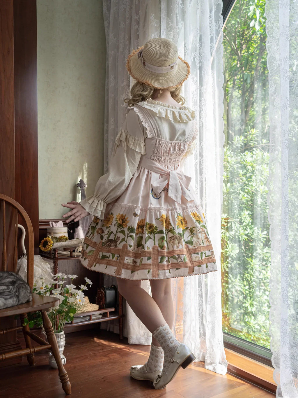 Cat and Sunflower - Sweet Lolita JSK, Cat and Sunflower Print - image 21
