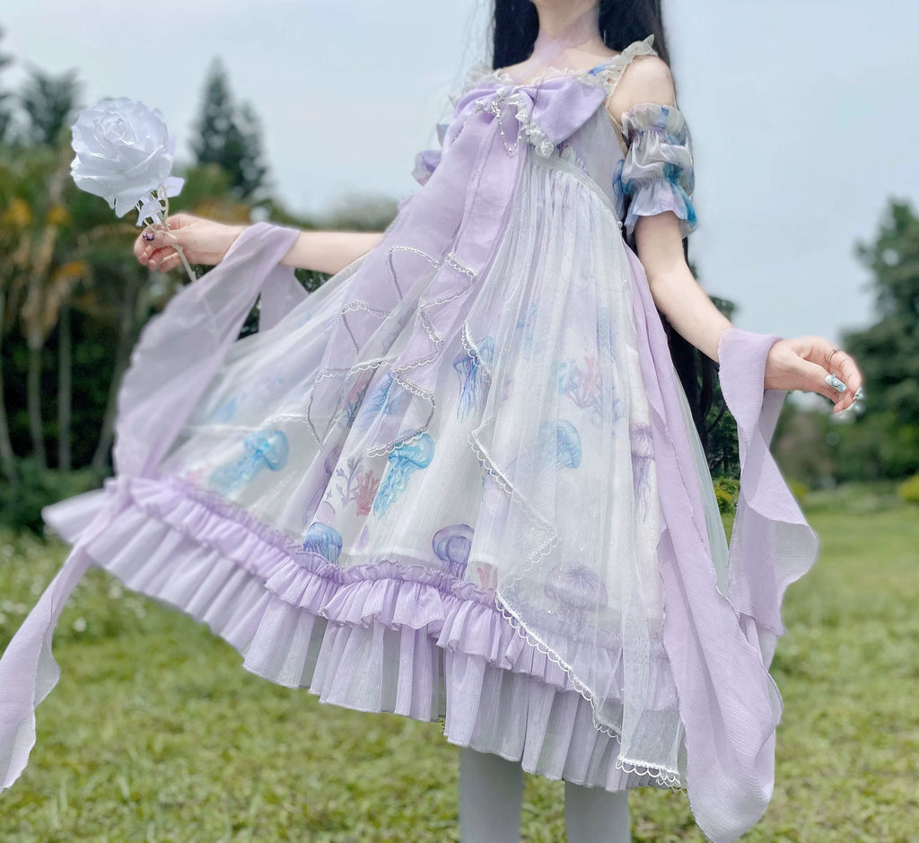 Coral Jellyfish - Sweet Lolita High-waist JSK Dress, Jellyfish & Coral Print and Accessories - image 29