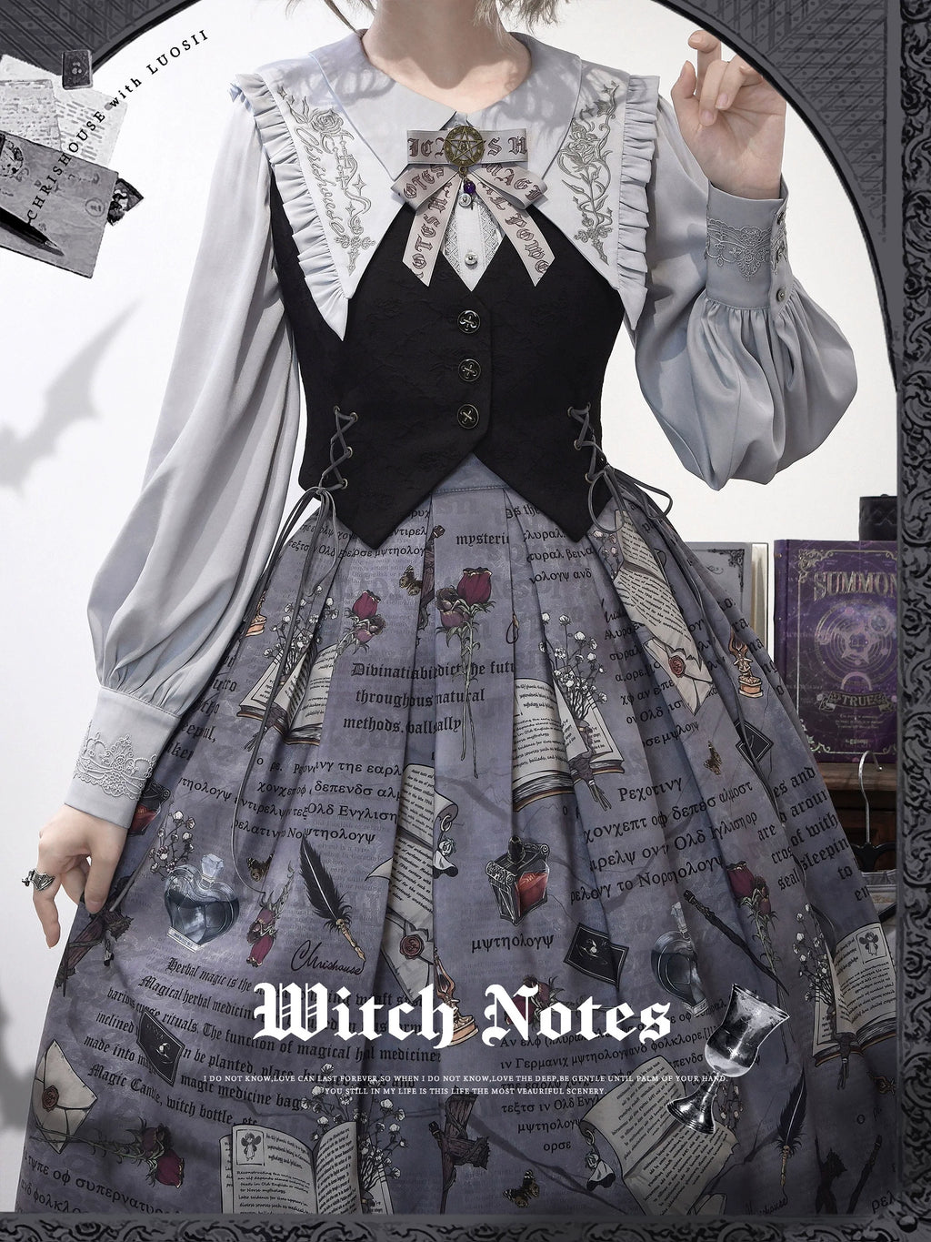 Witch Notes - Gothic Lolita Embroidered Dress Suit, Cross and Rose Print - image 24