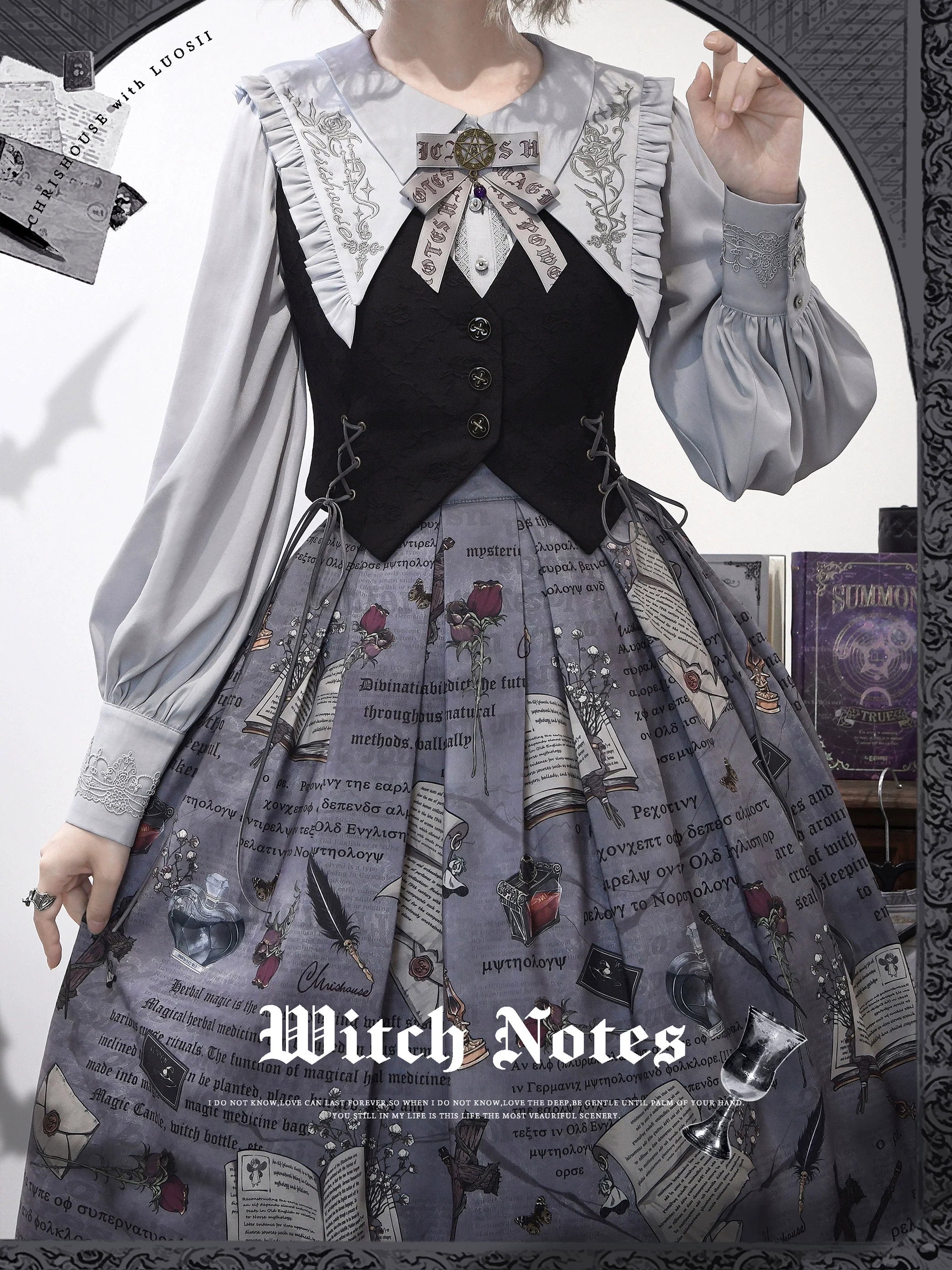 Witch Notes - Gothic Lolita Embroidered Dress Suit, Cross and Rose Print - image 24