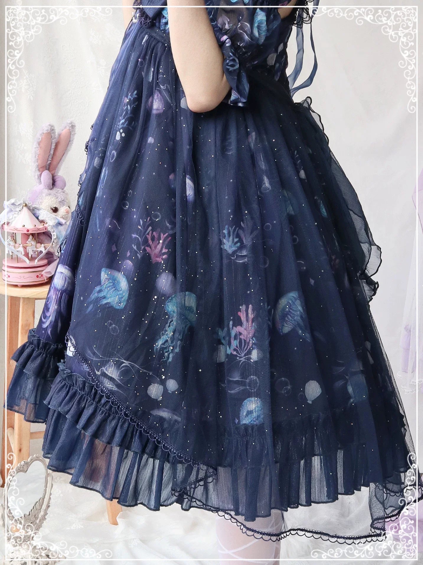 Coral Jellyfish - Sweet Lolita High-waist JSK Dress, Jellyfish & Coral Print and Accessories - image 6
