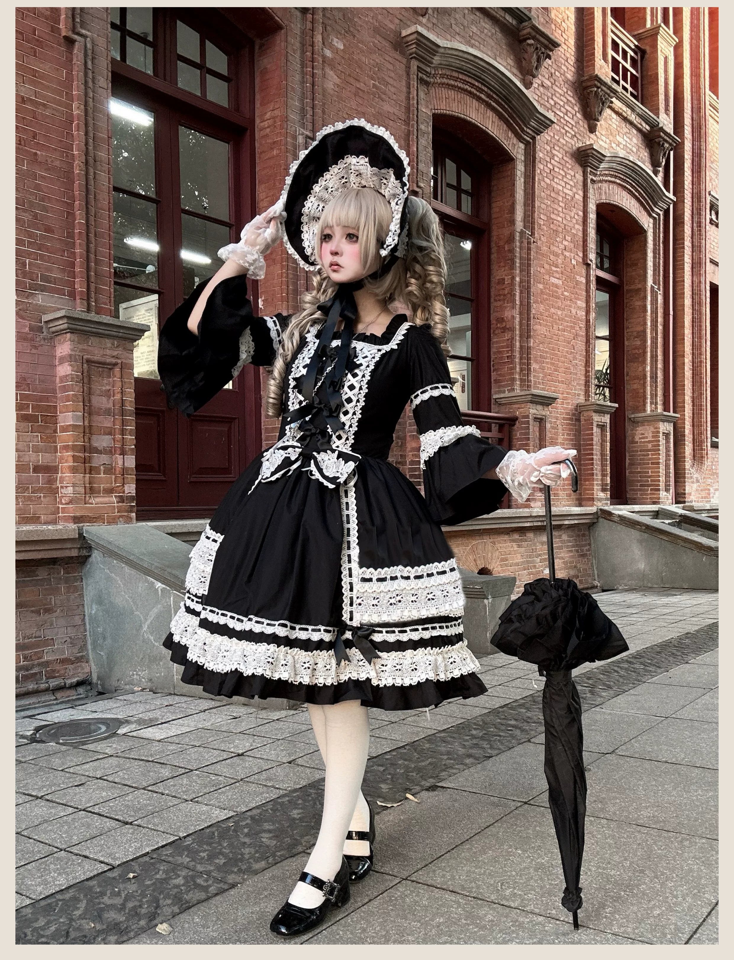 First Otome Black Old School Lolita OP Dress, Lace Details - image 3