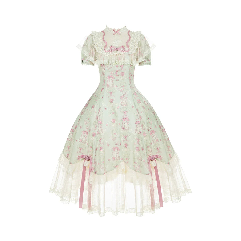 Wind Swept Roses - Classic Lolita Rose Printed Dress Set, Petal Hem - image 3