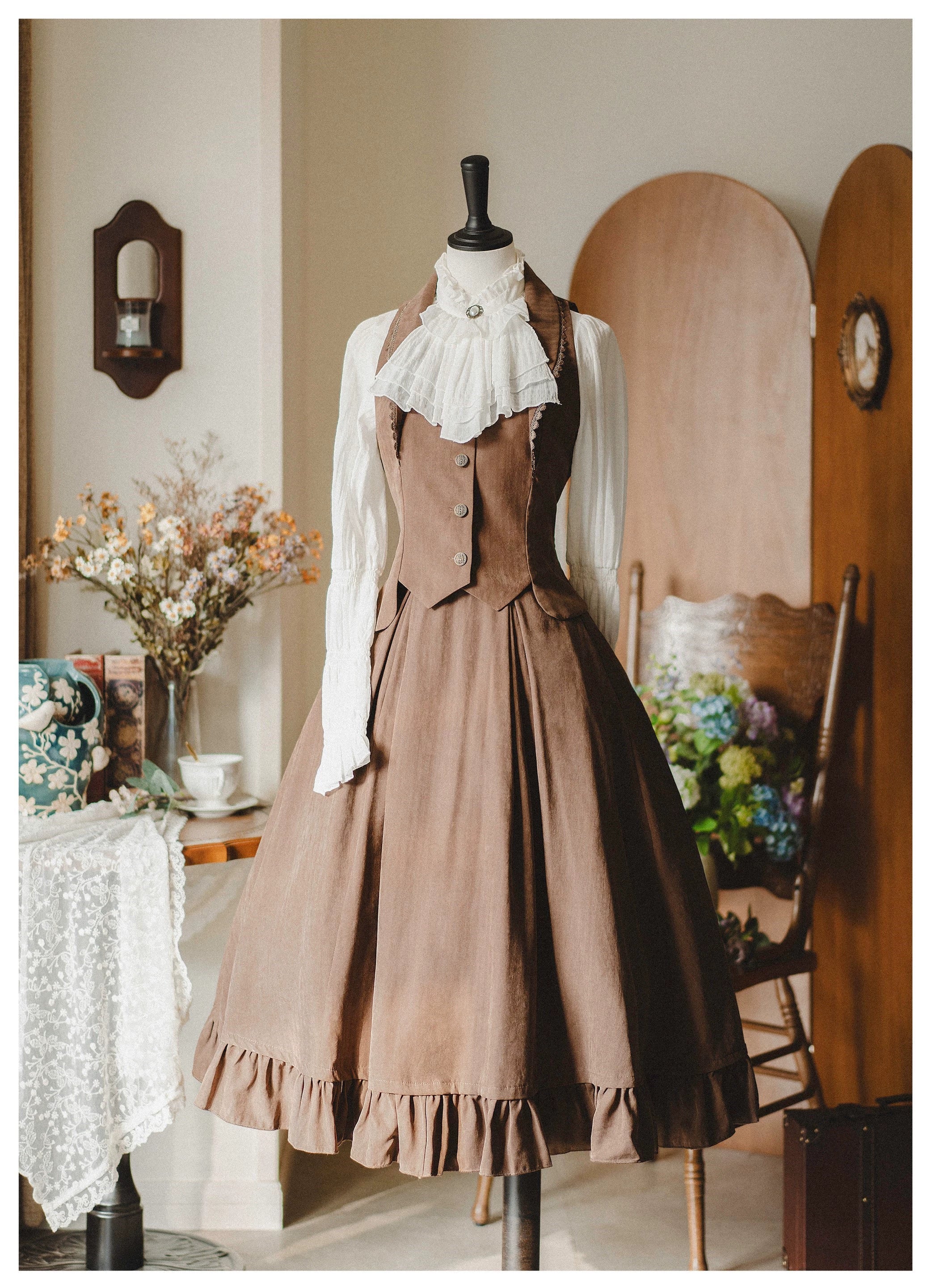Classic Lolita A-Line Skirt, Button-Front Vest and White Blouse - image 37