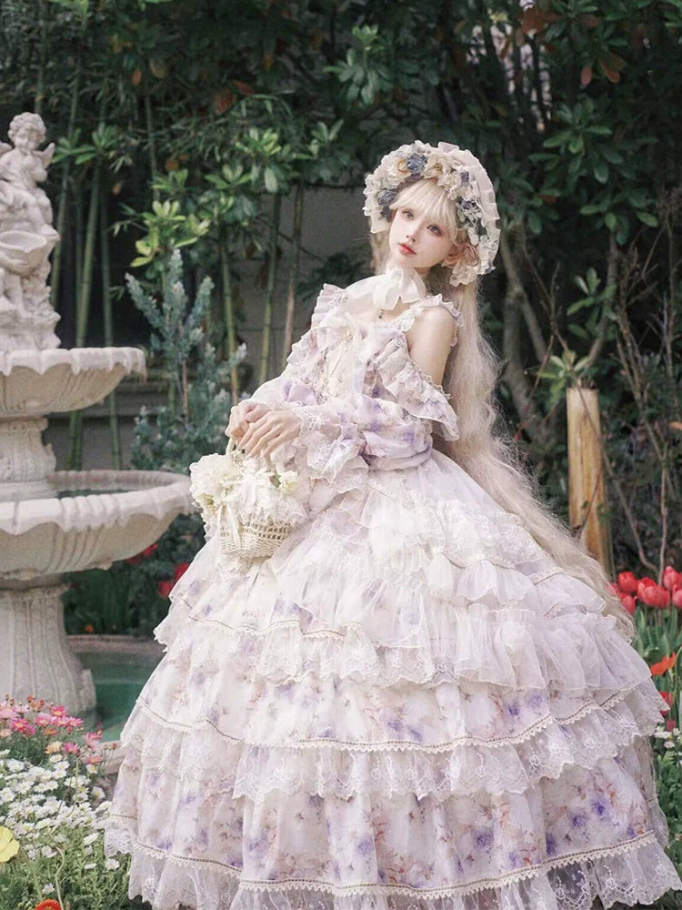 Rose Letter - Gorgeous Lolita JSK Princess Dress Chiffon Floral Printed Blue Dress - image 14