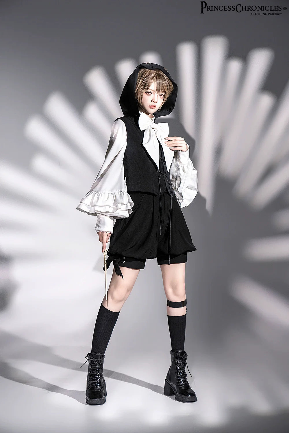 Rabbit Feather - Black Ouji Lolita Vest Shorts Suit Prince Cloak Set - image 4