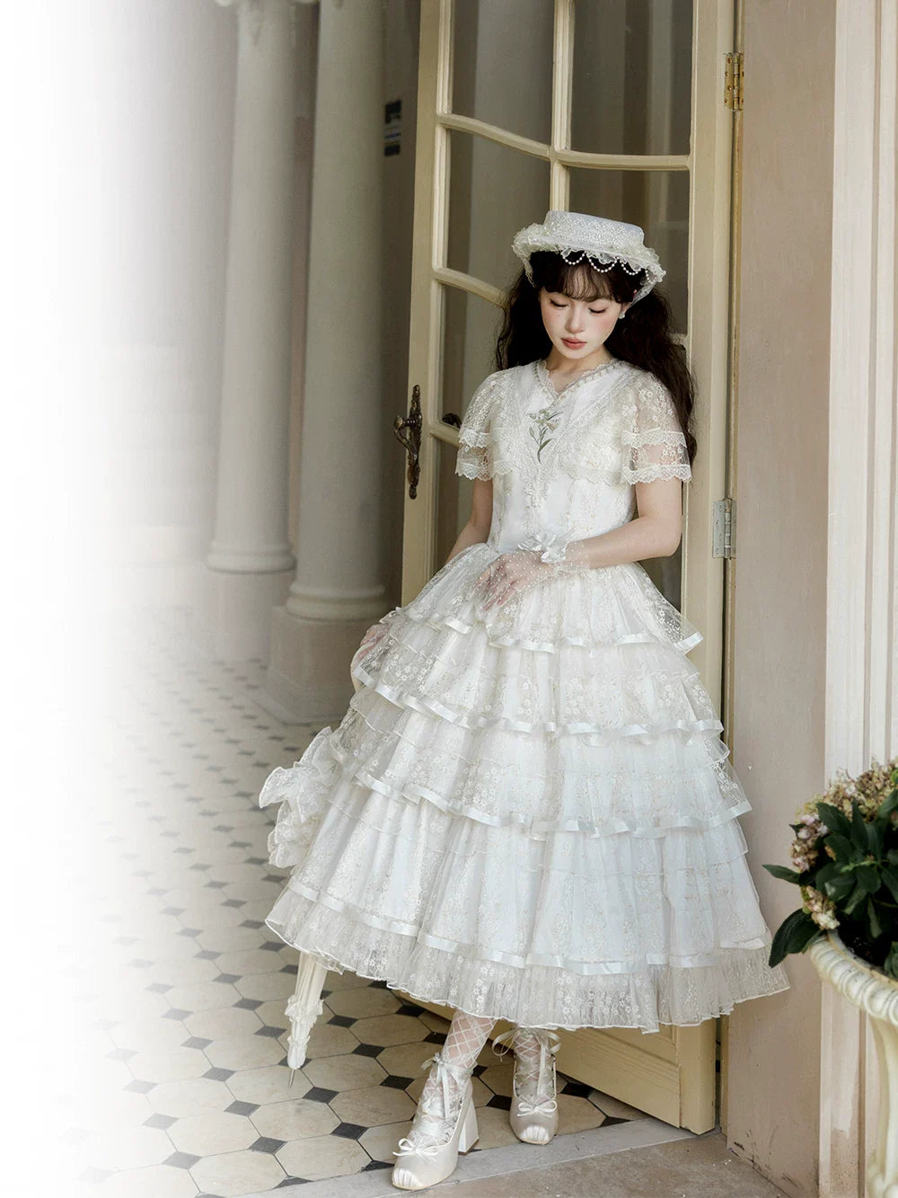 Morning Dew Lily - White Classic Lolita OP Dress, Tiered Skirt - image 11