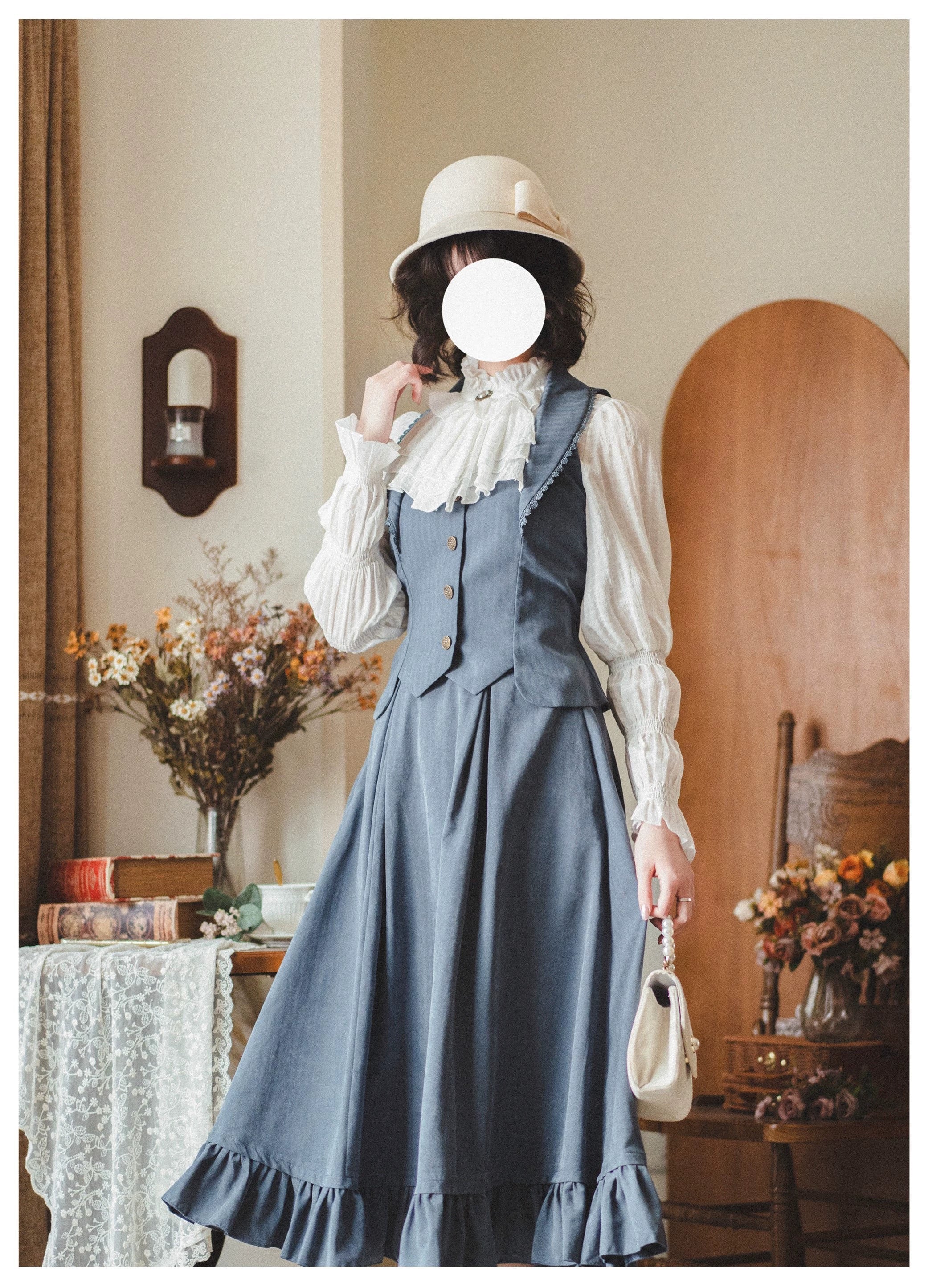 Classic Lolita A-Line Skirt, Button-Front Vest and White Blouse - image 16