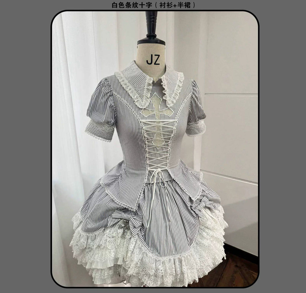 Striped Cross - Gothic Coordinated Lolita Set, Adjustable Blouse & Skirt - image 54
