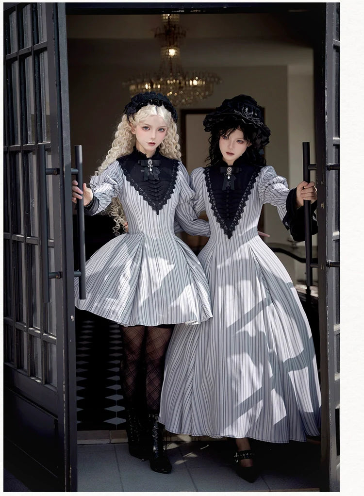 Nocturne SP - Striped Gothic Lolita OP Twin Lolita Dress with Apron and Accessories - image 8