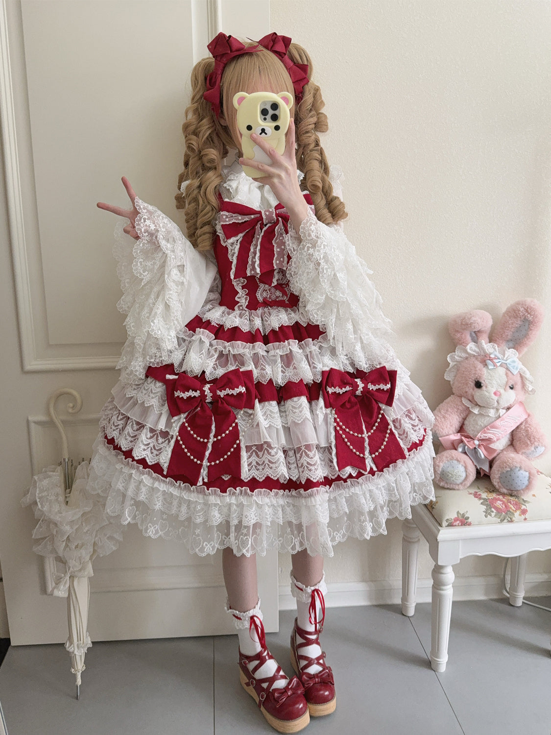 Cross Heart Knot - Sweet Lolita JSK Suit Tiered Ruffles Dress with Lace Blouse - image 9