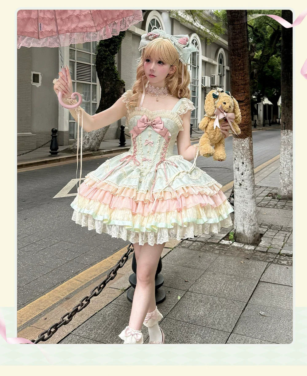 Lotus Crossing - Sweet Lolita Tiered Hem JSK Dress with Satin Bow and Accessories - image 8