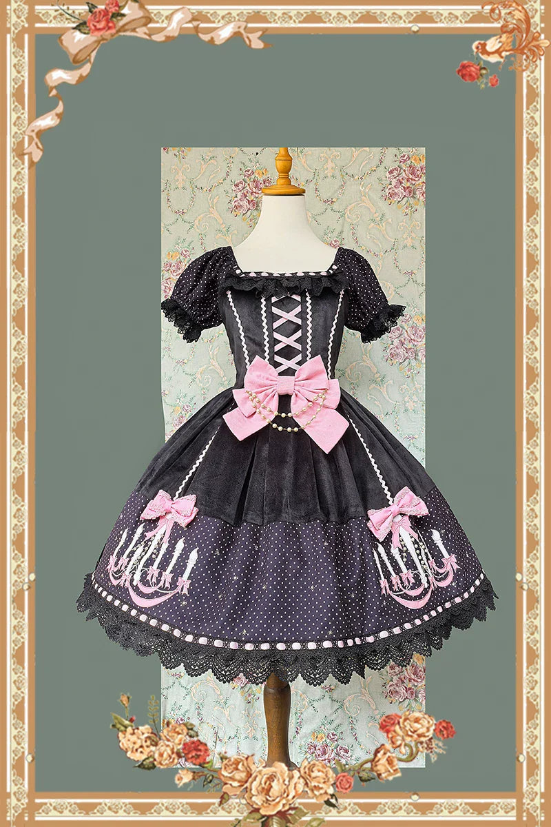 Chandelier - Old School Lolita OP Dress, Polka Dot, Chandelier Print and Accessories - image 4