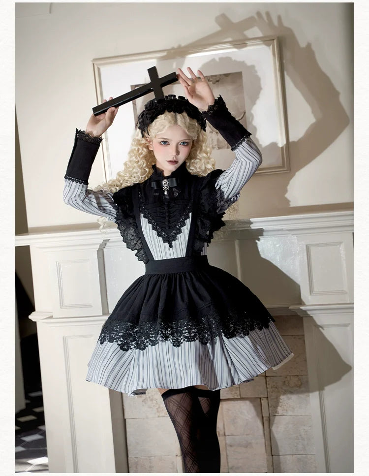 Nocturne SP - Striped Gothic Lolita OP Twin Lolita Dress with Apron and Accessories - image 15