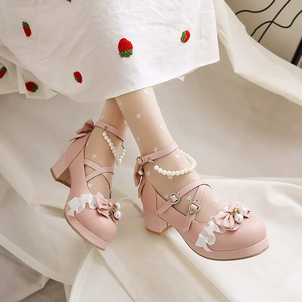 Round Toe Sweet Lolita Shoes, Detachable Pearl Chain - image 2
