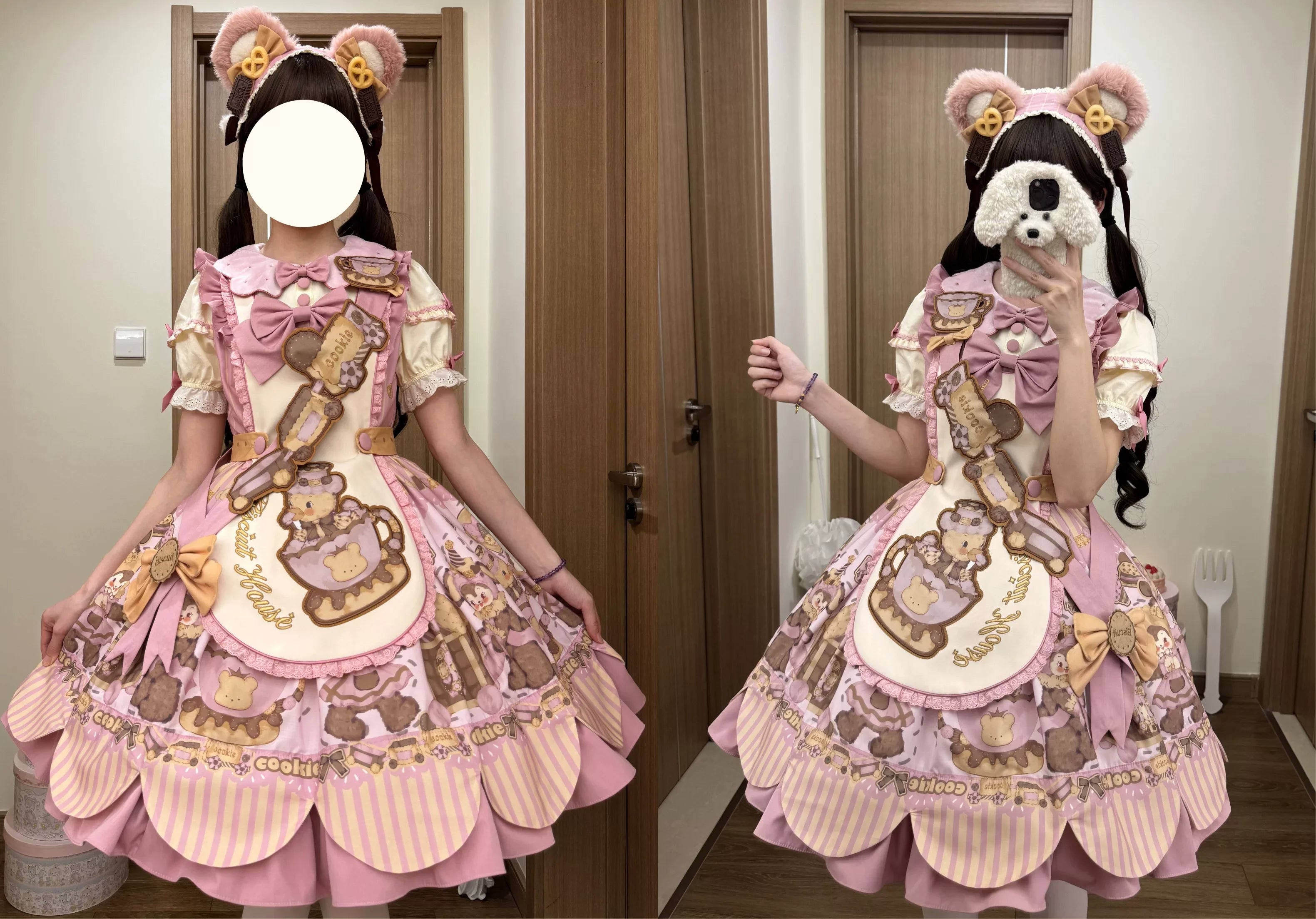 Bear Biscuit SP - Kawaii Lolita Bear Printed Dress Set with Bows - image 45