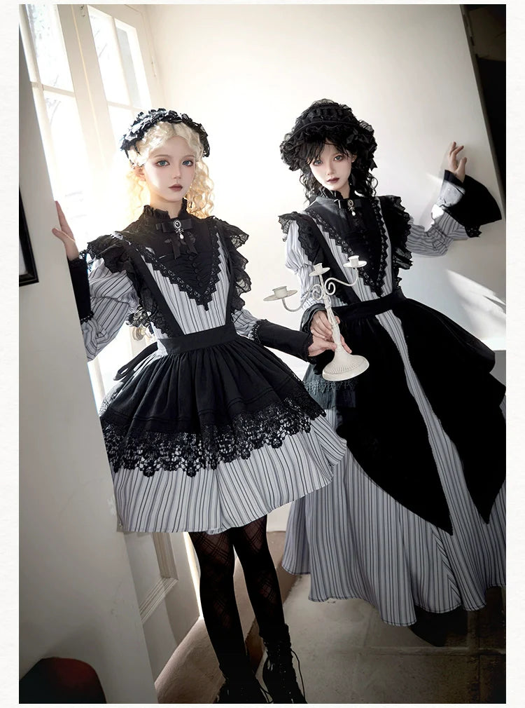 Nocturne SP - Striped Gothic Lolita OP Twin Lolita Dress with Apron and Accessories - image 2